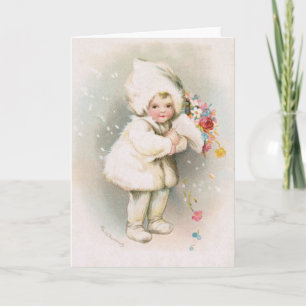 Cartão De Festividades Antique Winter Snow Baby & Flowers Greeting Card