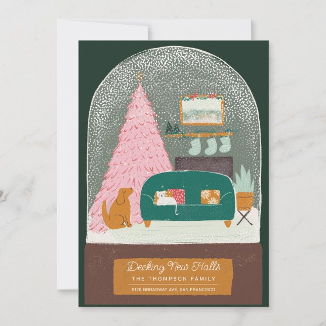 Cartão De Festividades Anunciamento de Decking New Halls Snow Globe em Mo (Frente)