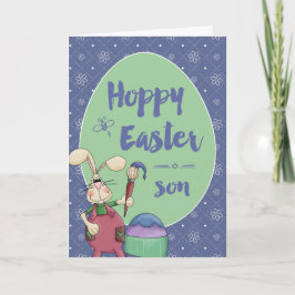 Cartão De Festividades Ao Filho, Hoppy Easter Bunny Artista pintando ovo