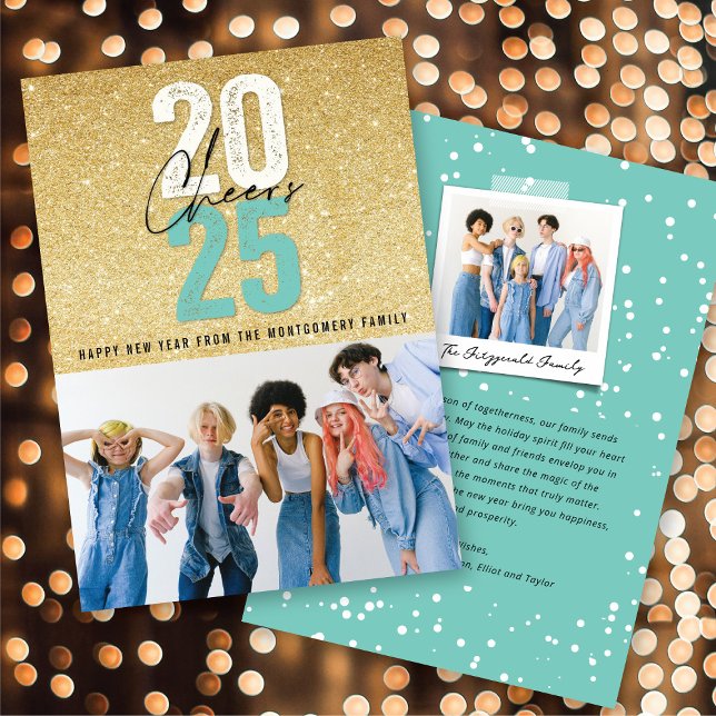 Cartão De Festividades Aqua Blue Cheers 2025 Glitter Chic Foto Ano Novo (Aqua Blue Cheers 2025 Glitter Chic New Year Photo Holiday Card @ fat_fa_tin)