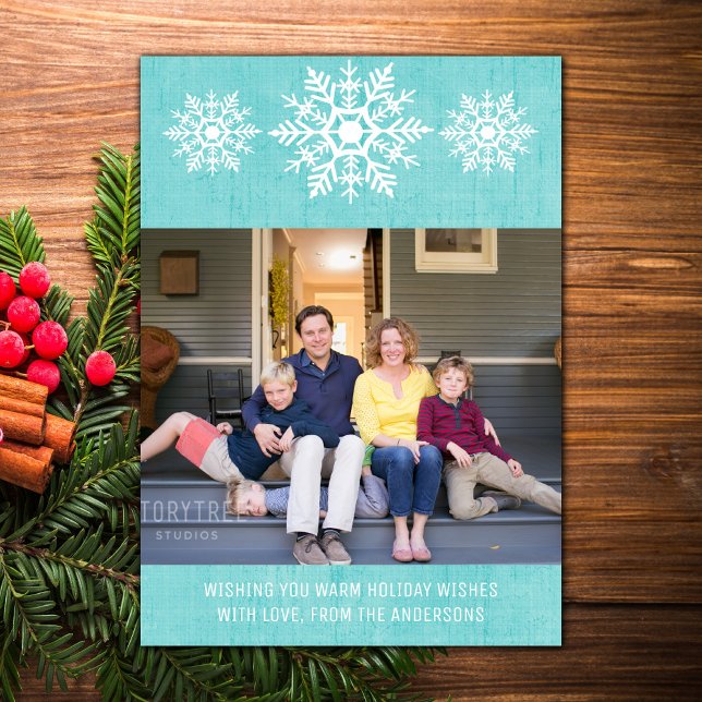 Cartão De Festividades Aqua Rustic Snowflake Foto de Feriado (Aqua Rustic Snowflake Holiday Photo Card)