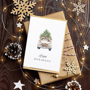 Cartão De Festividades Aquarela Árvore de Natal do Carro Feliz Natal