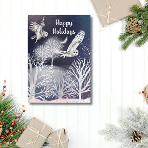 Cartão De Festividades Aquarela Azul & Branco Árvores Coruja Nevada Natal
