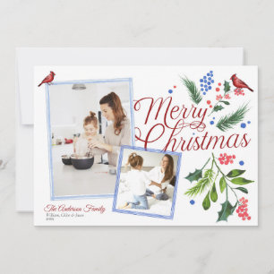 Cartão De Festividades Aquarela Azul Vermelho Feliz Natal Duas Fotos
