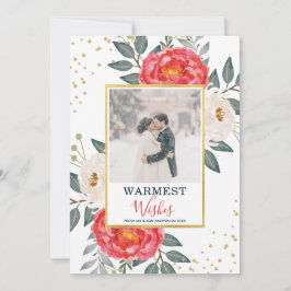 Cartão De Festividades Aquarela Botânica Floral / Vermelho, Branco e Dour