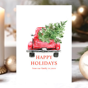 Cartão De Festividades Aquarela Caminhão Vermelho Antigo Árvore de Natal 