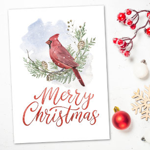 Cartão De Festividades Aquarela Cardinal Coníferas Neve Natal