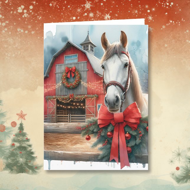 Cartão De Festividades Aquarela Cavalo Branco e Natal da Fazenda Festiva (Criador carregado)