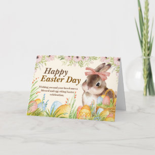 Cartão De Festividades Aquarela Coelho Floral com Laço Dia Feliz Páscoa