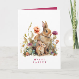 Cartão De Festividades Aquarela Coelhos de Páscoa Floral Primavera