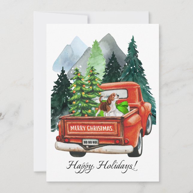 Cartão De Festividades Aquarela de Beagle Fofo de Natal e Caminhão Antigo (Frente)