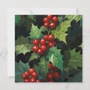 Cartão De Festividades Aquarela de Natal folhas de bagas de azevinho botâ