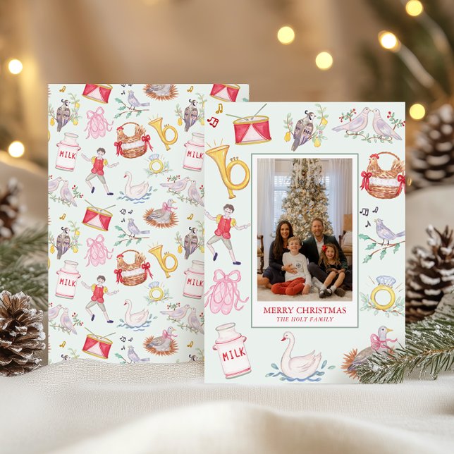 Cartão De Festividades Aquarela Doze Dias de Foto de Natal (Criador carregado)