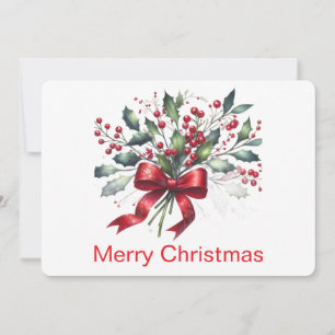 Cartão De Festividades Aquarela elegante de visco com laço vermelho