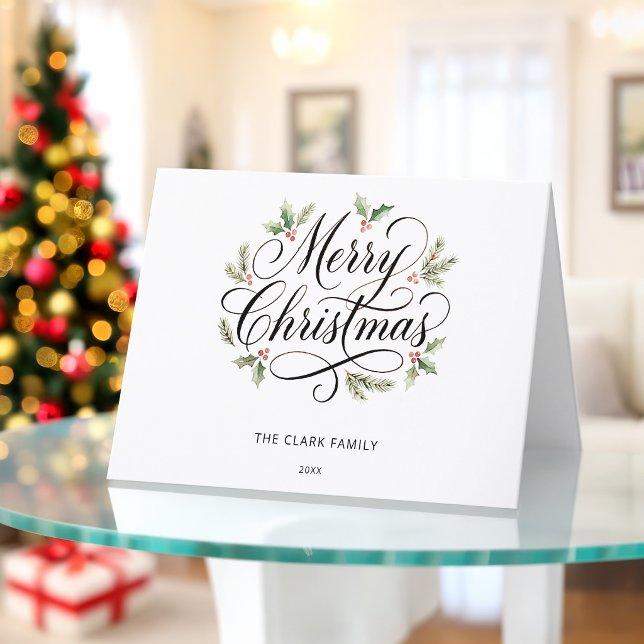 Cartão De Festividades Aquarela Feliz Natal Script Botânico    (Criador carregado)
