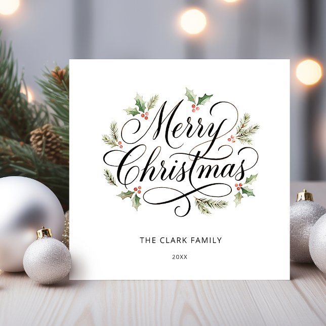 Cartão De Festividades Aquarela Feliz Natal Script Botânico        (Criador carregado)