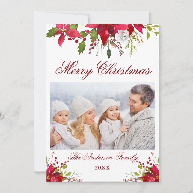 Cartão De Festividades Aquarela Flor de Poinsettia Foto de Natal (Frente)
