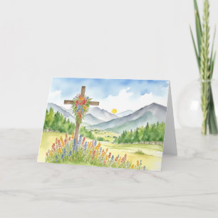 Cartão De Festividades Aquarela Flor Silvestre Montanha Cruz 4 Páscoa