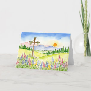Cartão De Festividades Aquarela Flor Silvestre Montanha Cruz 5 Páscoa