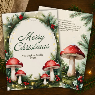 Cartão De Festividades Aquarela Floresta Mágica de Natal Cogumelo