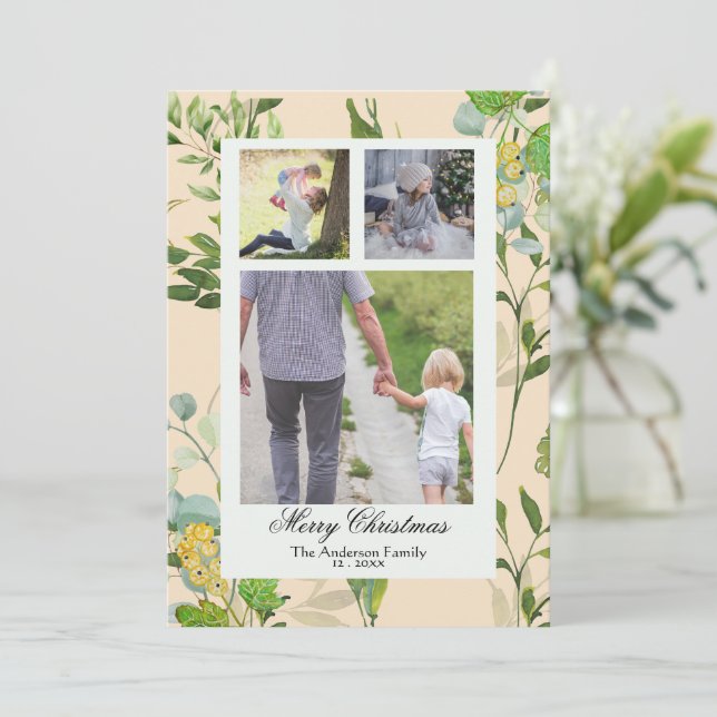 Cartão De Festividades Aquarela Folhagens e frutas 3 Foto Natal (Em pé/Frente)