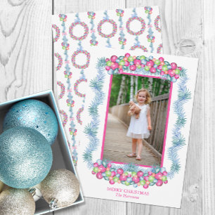 Cartão De Festividades Aquarela Foto Colorida de Natal Tinsel Baubles