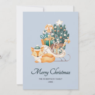 Cartão De Festividades Aquarela Fox Christmas Sleighs Blue Non-Photo