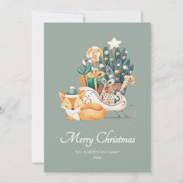 Cartão De Festividades Aquarela Fox Christmas Suspira Foto Verde