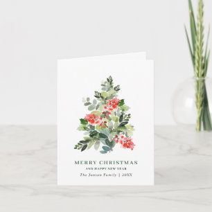 Cartão De Festividades Aquarela Holly Berry Árvore de Natal Saudação H