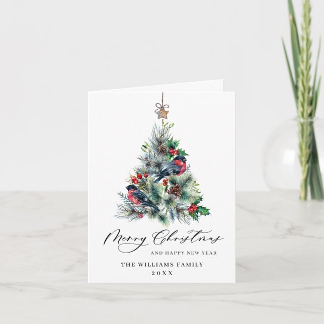 Cartão De Festividades Aquarela Holly Berry Árvore de Natal Saudação Hol (Frente)