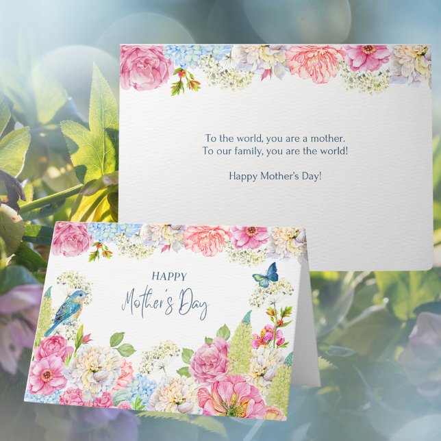 Cartão De Festividades Aquarela Hortênsias Peônias Dia das Mães (Criador carregado)