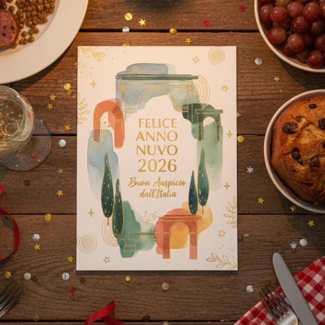 Cartão De Festividades Aquarela Italiana Arco Feliz Ano Novo 2026 (Criador carregado)