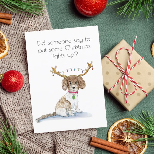 Cartão De Festividades Aquarela Labradoodle Luzes de Natal Antlers (Criador carregado)
