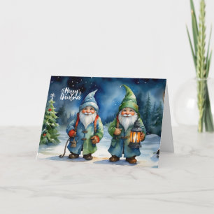 Cartão De Festividades Aquarela Natal Gnomos Floresta