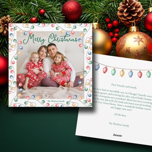 Cartão De Festividades Aquarela Natal Luz Fita Foto da Família (Criador carregado)