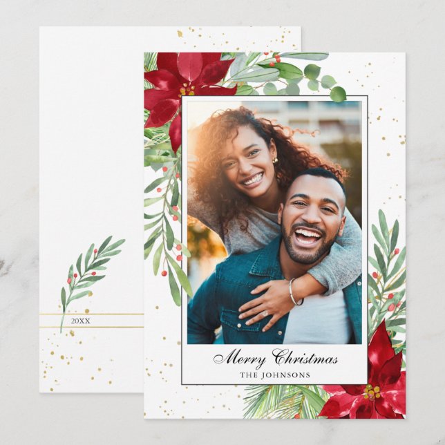 Cartão De Festividades Aquarela Natal Verde Poinsettia Festa  (Frente/Verso)