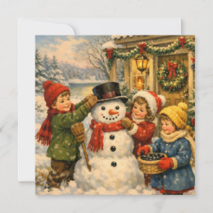 Cartão De Festividades Aquarela Natal Vintage Crianças e Boneco de Neve