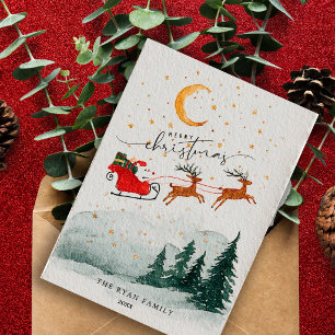 Cartão De Festividades Aquarela Papai Noel Trenó Rena Natal
