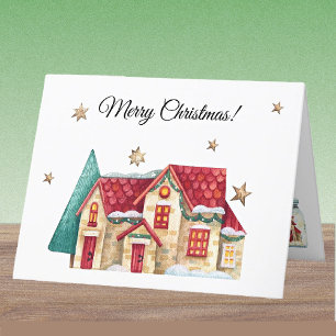 Cartão De Festividades Aquarela Personalizada Casa de inverno Feliz Natal