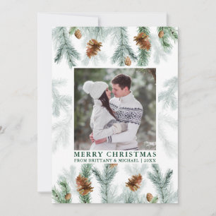 Cartão De Festividades Aquarela Pine Cone Greenery Casal Foto Verde