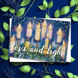 Cartão De Festividades Aquarela Pintura Menorah Amor e Luz