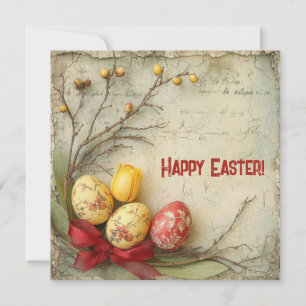 Cartão De Festividades Aquarela retrô ovos de Páscoa vermelhos e amarelos
