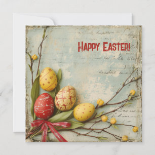 Cartão De Festividades Aquarela retrô ovos de Páscoa vermelhos e amarelos