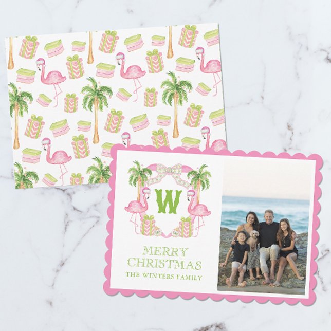 Cartão De Festividades Aquarela Rosa Flamingo, Flamingo, Monograma Crest (Criador carregado)