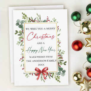 Cartão De Festividades Aquarela Verde Arco de Natal Ano Novo Vermelho