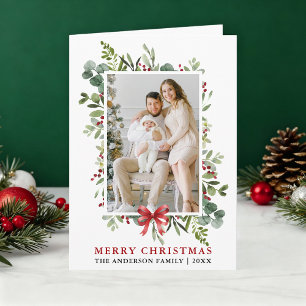 Cartão De Festividades Aquarela Verde Natal Arco Vermelho Dobrado