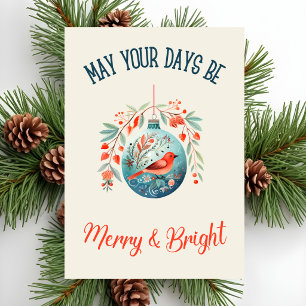 Cartão De Festividades Aquarela Vintage Pássaro de Natal Azul e Vermelho
