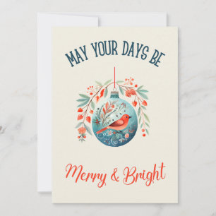Cartão De Festividades Aquarela Vintage Pássaro de Natal Azul e Vermelho 