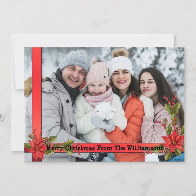 Cartão De Festividades Aquarela Visco de Natal com Moldura de Fita Vermel (Frente)
