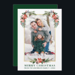 Cartão De Festividades Aquarela Winter Floral Dourado Frame Photo Green<br><div class="desc">A Elegante Watercolor Winter Floral Photo Merry Christmas Card inclui belas poinsettias vermelhas com aquarela,  verde botânico,  folhagem de inverno,  bagas ocas,  rosas brancas,  algodão,  pinheiros e bagas azuis. Dourado quadro. Texto Verde. Floresta Verde.</div>